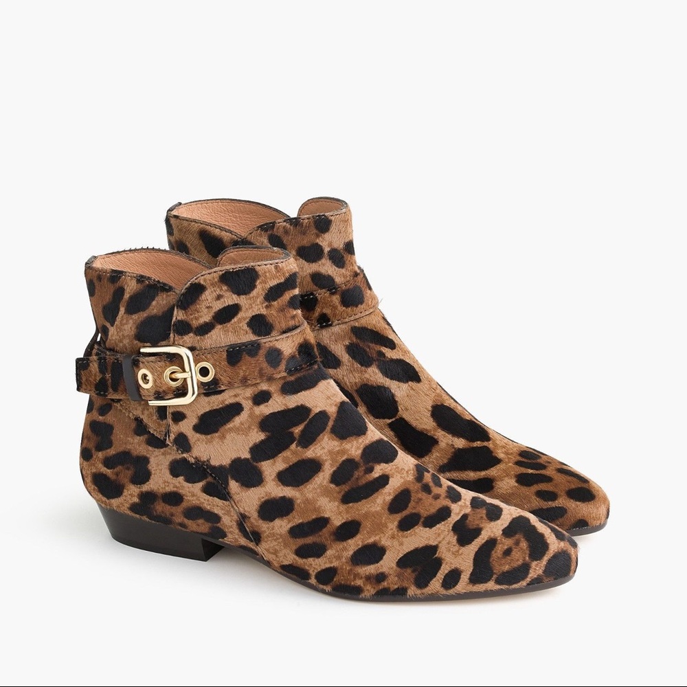 J. Crew leopard print calf hair ankle boots / booties with removable buckle